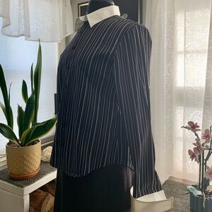 Casual Corner Black Gray and White Striped Women's Button Down Shirt